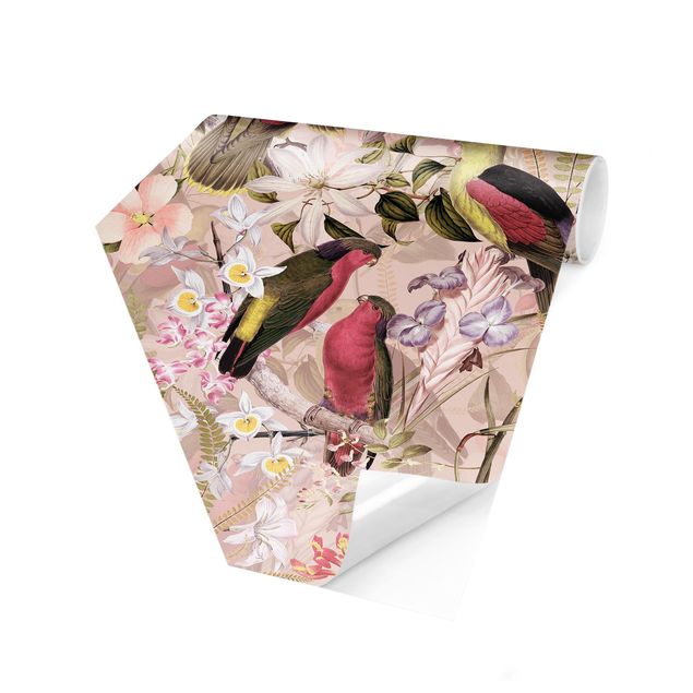 Fototapete modern Rosa Pastell Vögel mit Blumen