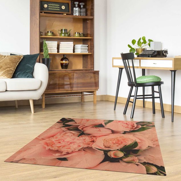 Moderner Teppich Rosa Pfingstrosen mit Blättern