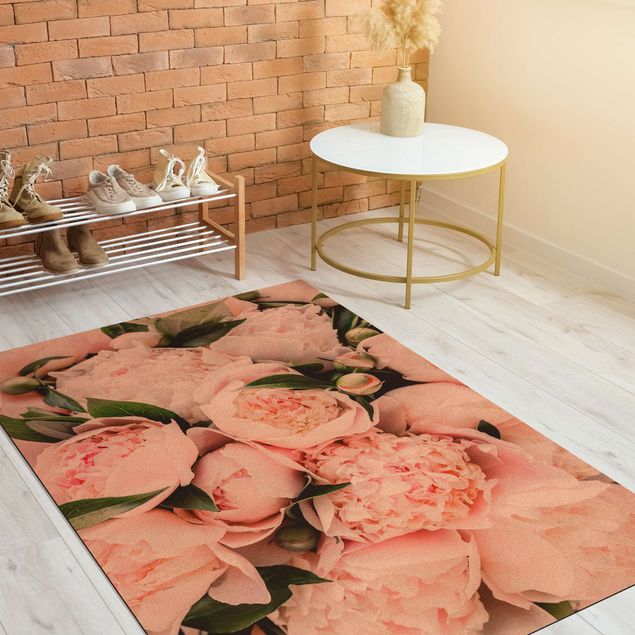 Moderner Teppich Rosa Pfingstrosen mit Blättern
