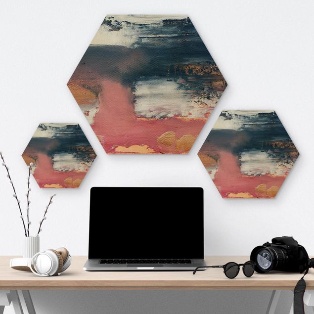 Hexagon Bild Holz - Rosa Sturm mit Gold