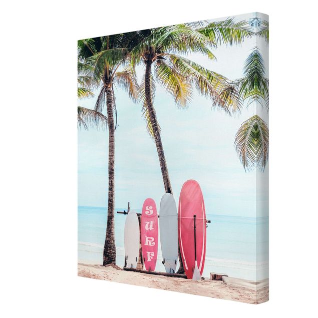 Leinwandbilder Rosa Surfboards unter Palmen