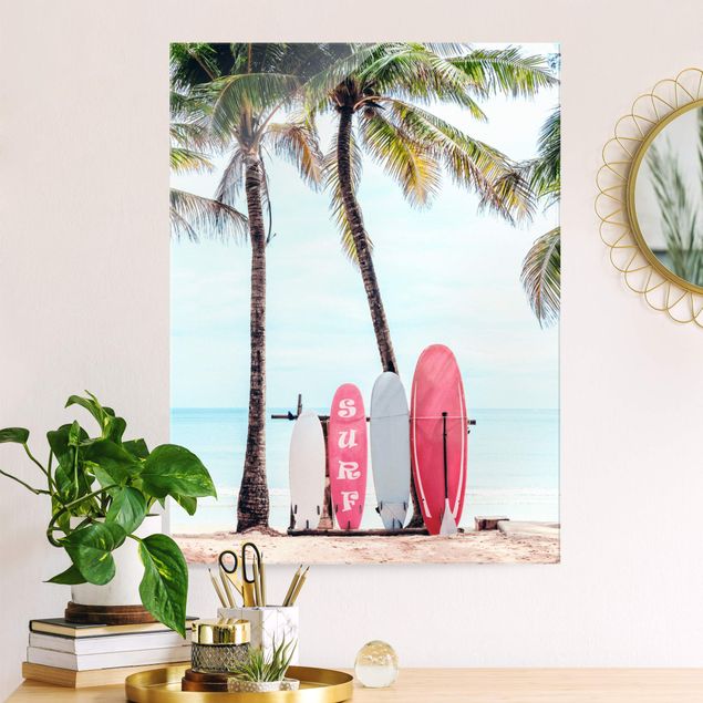 Glasbilder Meer Rosa Surfboards unter Palmen