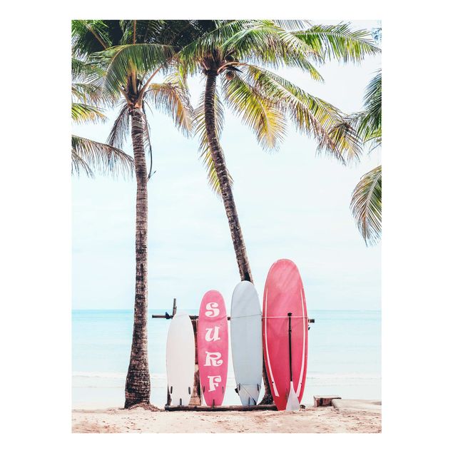Bilder auf Glas Rosa Surfboards unter Palmen