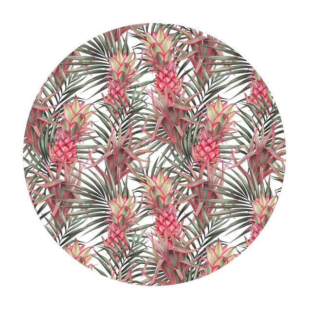 Teppich rosa Rote Ananas mit Palmenblättern Tropisch