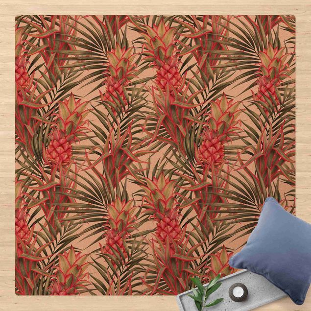 Teppiche Rote Ananas mit Palmenblättern Tropisch