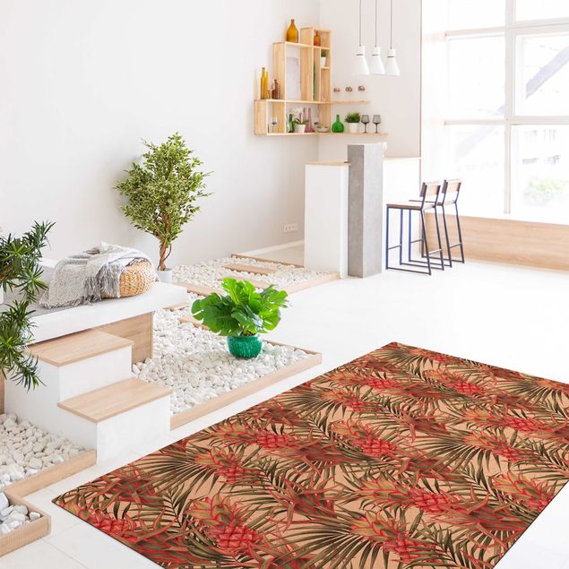 Teppich Blumen Rote Ananas mit Palmenblättern Tropisch
