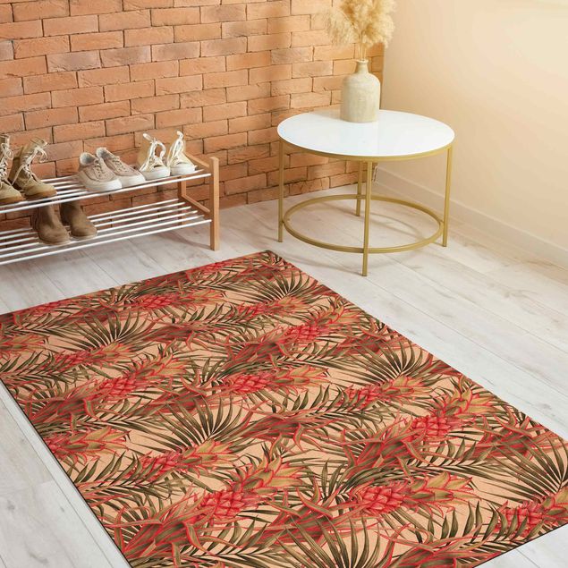 Moderner Teppich Rote Ananas mit Palmenblättern Tropisch