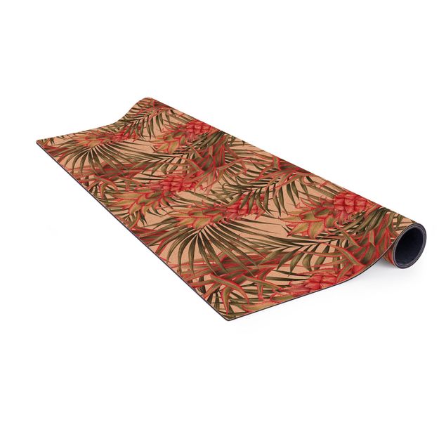 Teppich Dschungel Rote Ananas mit Palmenblättern Tropisch