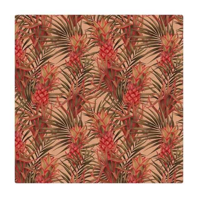 Teppich Natur Rote Ananas mit Palmenblättern Tropisch
