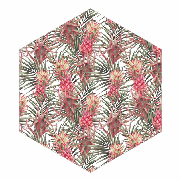 Fototapete rosa Rote Ananas mit Palmenblättern Tropisch
