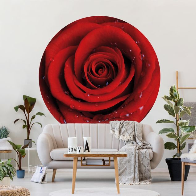 runde Fototapete Rote Rose mit Wassertropfen