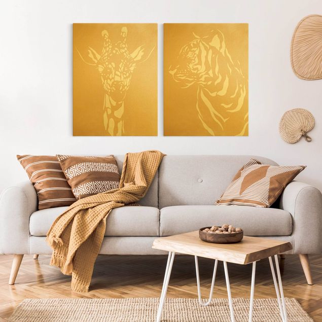 Wandbilder Tiere Safari Tiere - Giraffe und Tiger Beige