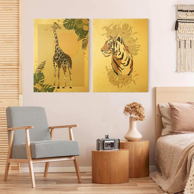 Leinwandbilder Giraffe Safari Tiere - Giraffe und Tiger