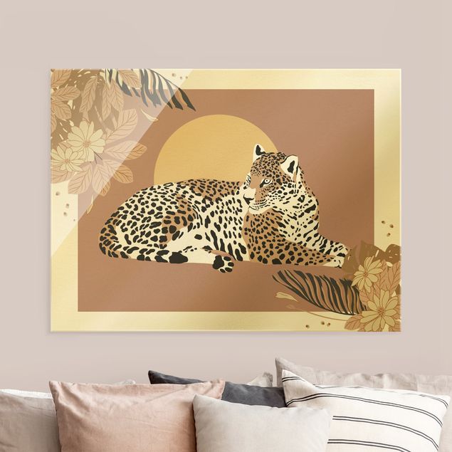 Wandbilder Glas XXL Safari Tiere - Leopard im Sonnenuntergang