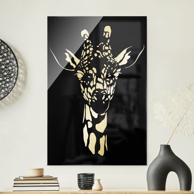 Glasbild - Safari Tiere - Portrait Giraffe Schwarz - Hochformat 2:3