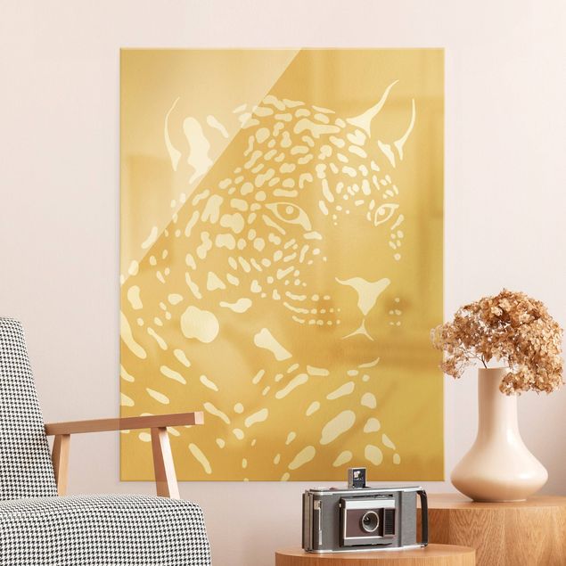 Wandbilder Glas XXL Safari Tiere - Portrait Leopard Beige