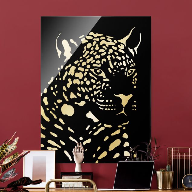 XXL Glasbilder Safari Tiere - Portrait Leopard Schwarz