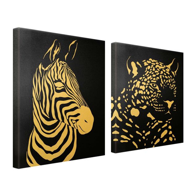Leinwandbilder Wohnzimmer modern Safari Tiere - Zebra und Leopard Schwarz