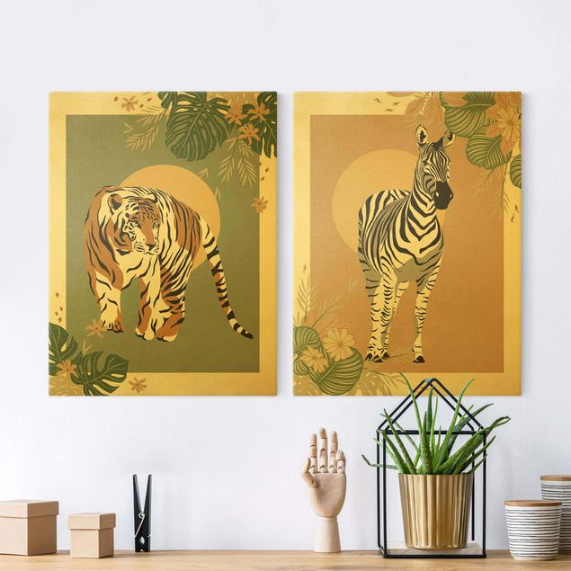 Leinwandbilder XXL Safari Tiere - Zebra und Tiger vor Sonne