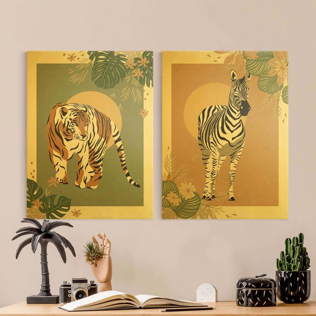 Wandbilder Tiere Safari Tiere - Zebra und Tiger vor Sonne