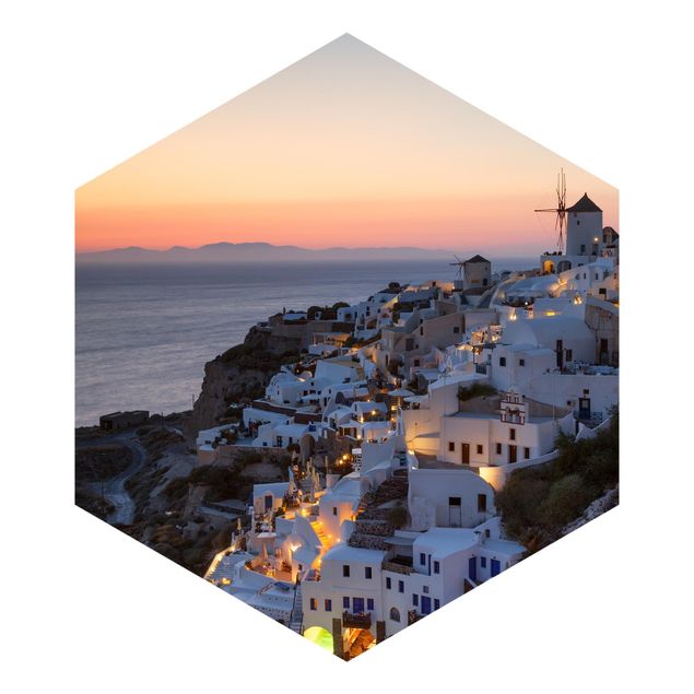 Hexagon Fototapete selbstklebend - Santorini bei Nacht