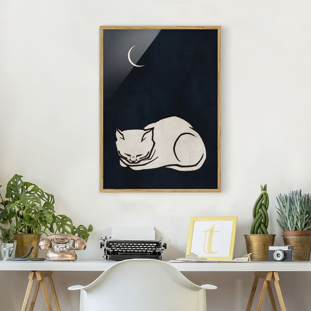 Bilder mit Rahmen Schwarz-Weiß Schlafende Katze Illustration