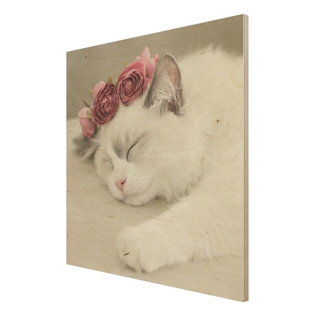 Wandbild Holz Schlafende Katze mit Rosen