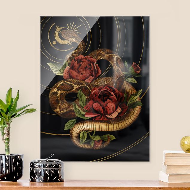 Wandbilder Tiere Schlange mit Rosen Schwarz und Gold I
