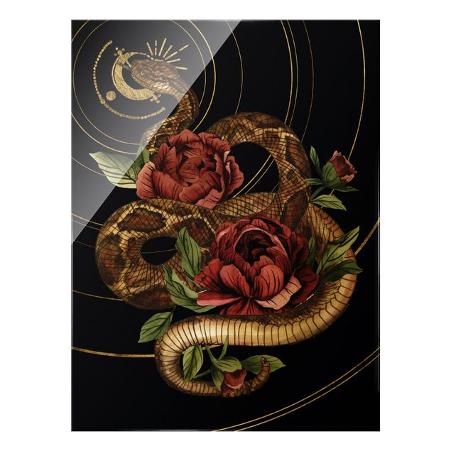 Glasbilder Tiere Schlange mit Rosen Schwarz und Gold I