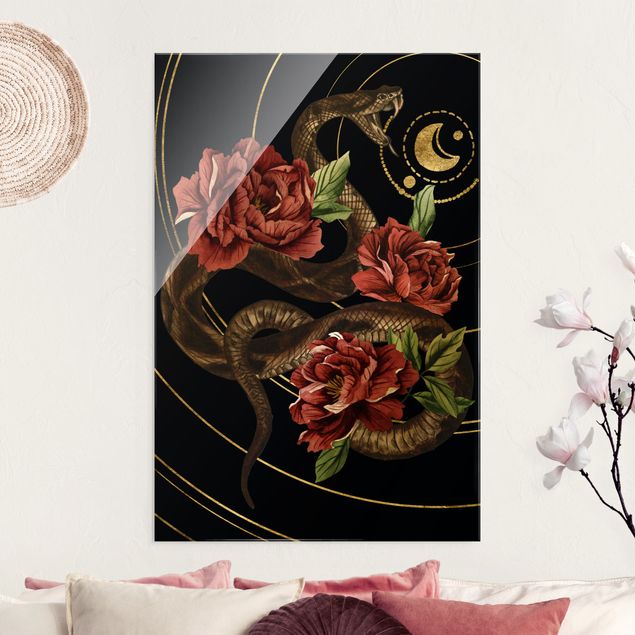 Glasbild Rose Schlange mit Rosen Schwarz und Gold II