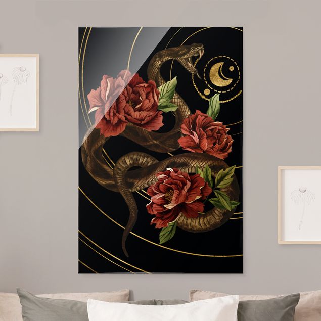 Wandbilder Tiere Schlange mit Rosen Schwarz und Gold II