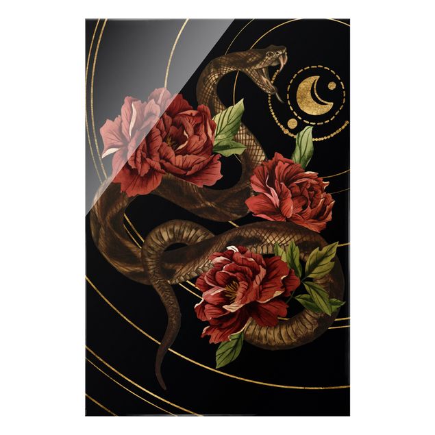 Glasbild Tiere Schlange mit Rosen Schwarz und Gold II
