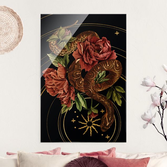 Glasbild Rose Schlange mit Rosen Schwarz und Gold III