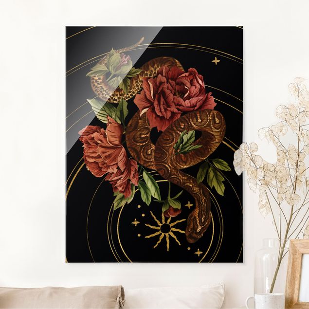 Glasbild Rose Schlange mit Rosen Schwarz und Gold III