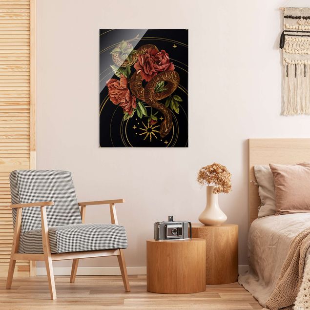 Glasbilder Blumen Schlange mit Rosen Schwarz und Gold III