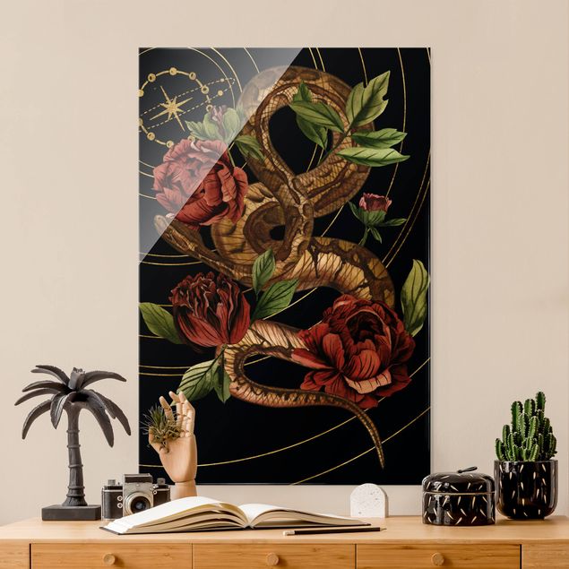Wandbilder Tiere Schlange mit Rosen Schwarz und Gold IV
