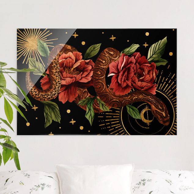 Glasbilder Rose Schlangen mit Rosen vor Schwarz und Gold II