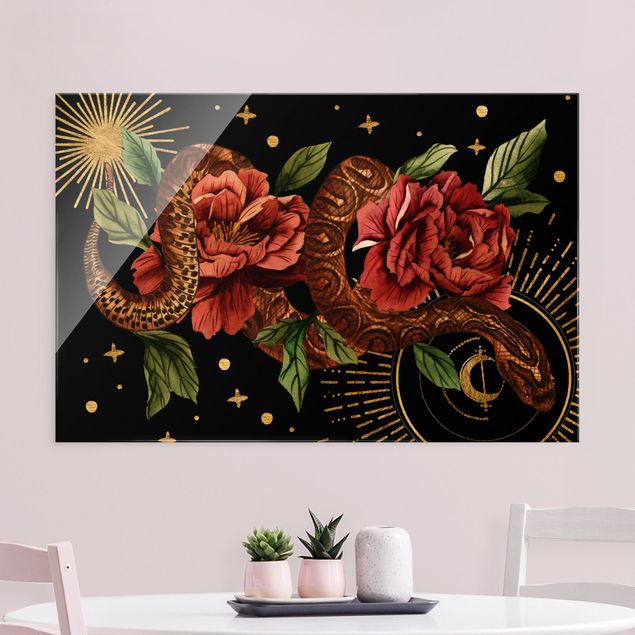 Wandbilder Tiere Schlangen mit Rosen vor Schwarz und Gold II