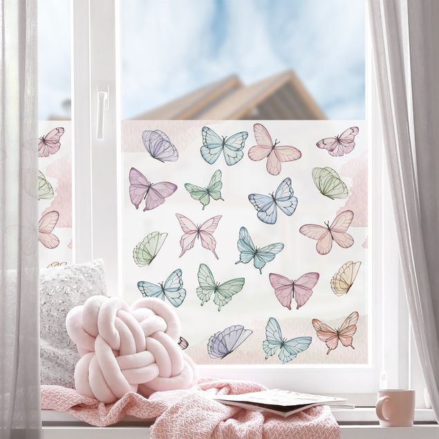 Fensterfolie Wohnzimmer Schmetterlinge Aquarell Pastell