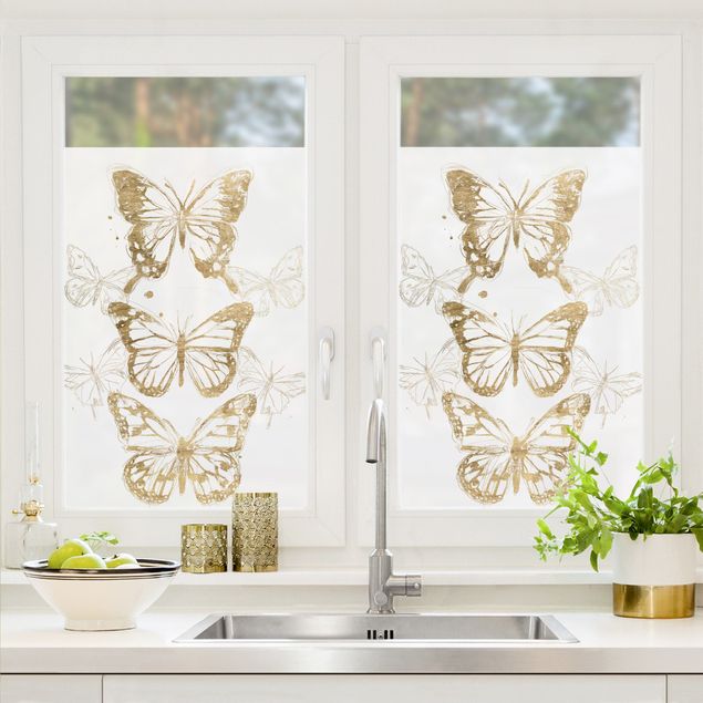 Fensterfolie Wohnzimmer Schmetterlingskomposition in Gold I