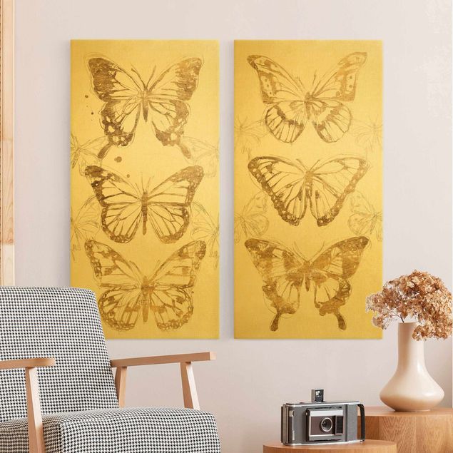Leinwandbild Kunstdruck Schmetterlingskompositionen Gold