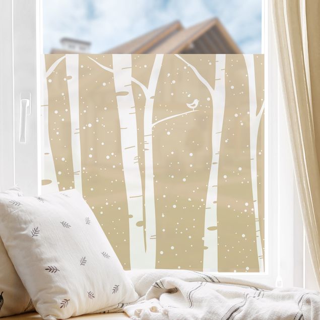 Fensterfolie Wohnzimmer Schneekonzert zwischen Birken