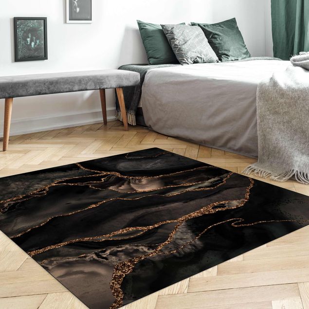 Moderner Teppich Schwarz mit Glitzer Gold