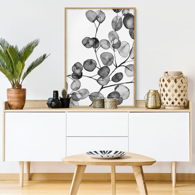 Gerahmte Kunstdrucke Schwarz Weiß Aquarell Eukalyptuszweig