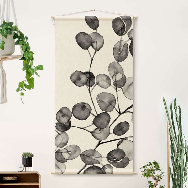 Wandteppich modern Schwarz Weiß Aquarell Eukalyptuszweig