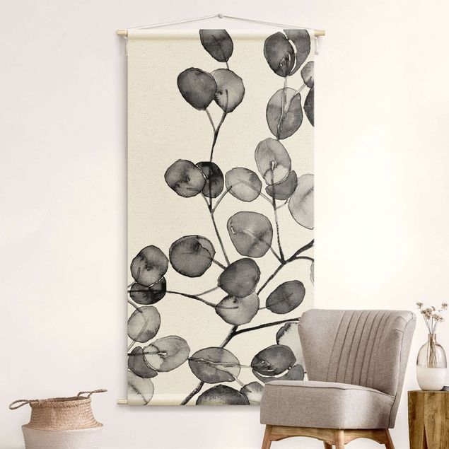 Wandteppich Kunst Schwarz Weiß Aquarell Eukalyptuszweig