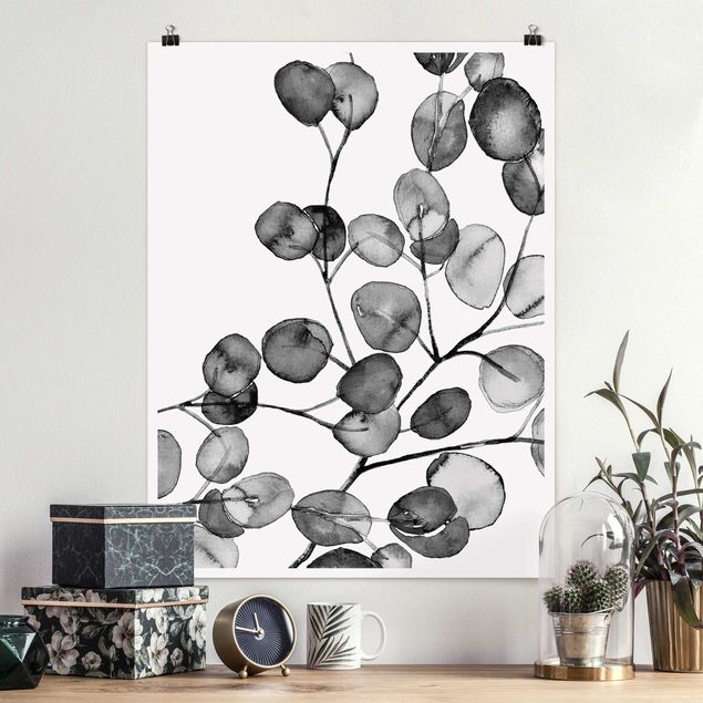 Kunstdrucke Poster Schwarz Weiß Aquarell Eukalyptuszweig