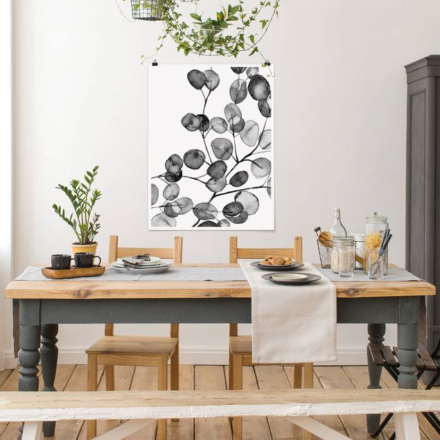 Blumen Poster Schwarz Weiß Aquarell Eukalyptuszweig