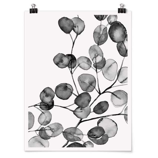 Wandbilder Schwarz Weiß Aquarell Eukalyptuszweig