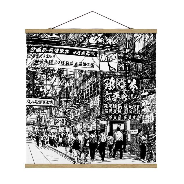 Stoffbild mit Posterleisten - Schwarzweiße Zeichnung Asiatische Straße II - Quadrat 1:1